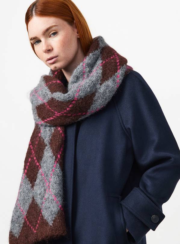 Pink, Burgundy & Grey Argyle Knitted Scarf One Size